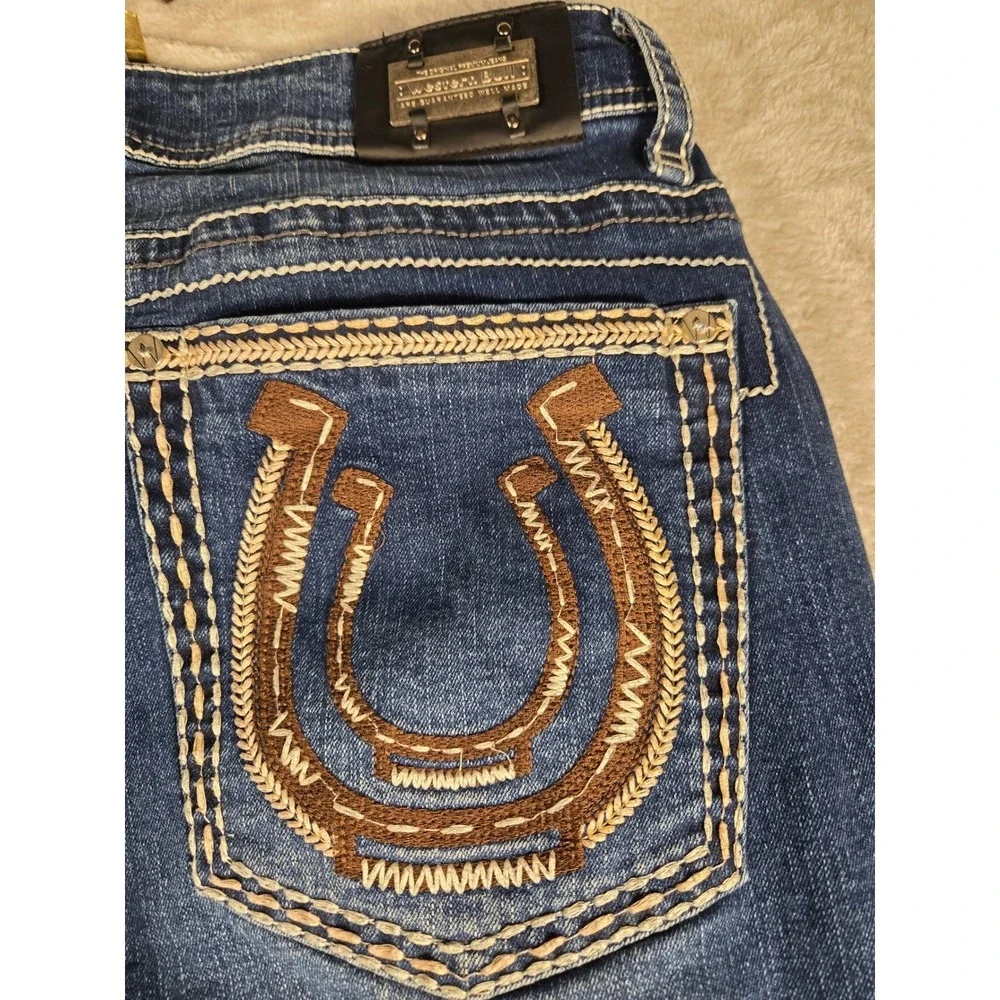 Western Bull Mens Straight Fit Jeans Dark Wash Horseshoe Embroidery 36x30 Blue